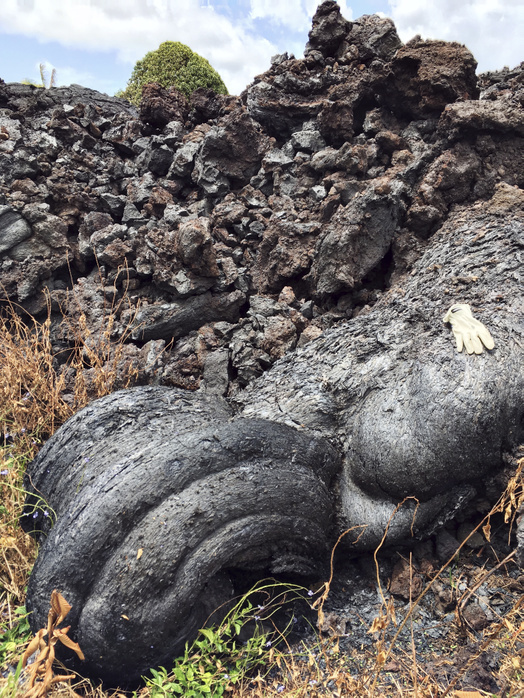 Kilauea eruption lava flow, May 2018 Kilauea eruption lava flow. Solidified lava that has flowed from a fissure during an eruptive episode on Kilauea, a volcano on the main island of Hawaii. The lava has a consistency similar to toothpaste. Kilauea is the most active of the volcanoes on Hawaii. This activity is part of the 2018 lower Puna eruption that began in May 2018. This lava flows is from fissure 17, photographed on 22 May 2018.