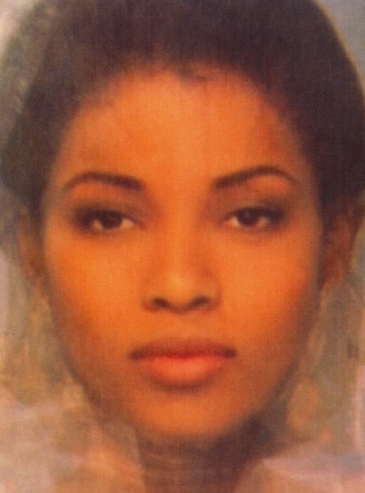 Beauty perception. Composite computer image of the faces of 8 Afro-Caribbean fashion models. This image is one of four illustrating attractiveness in models. Eight faces of black models, taken from fashion magazines and including supermodel Naomi Campbell, were combined by computer to show an 'average' Afro-Caribbean model's face. This image was then combined with composite pictures of a Japanese model's face (P870/088) and a Caucasian model's face (P870/089) to produce a composite, multi-cultural model's face (P870/090). The images are part of work in which scientists concluded that beautiful faces do not have average features.