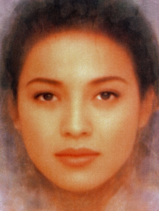 Beauty perception: composite 'world' model. This composite computer image of the faces of 24 fashion models is one of four illustrating beauty in models. Faces of 8 Afro-Caribbean models, including supermodel Naomi Campbell, 8 Japanese models and 8 Caucasian models were taken from fashion magazines and then combined by computer to give the composite, multi-cultural, 'world' model's face shown here. The images are part of work in which scientists concluded that beautiful faces do not have average features. (See also P870/087, P870/088 and P870/089).