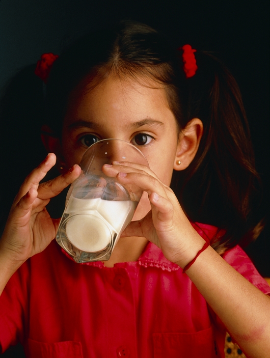 . Drink of milk. Young girl drinking a glass of milk. Milk is an important part of a child's diet as it is an excellent source of calcium, which helps build strong bones and teeth. MODEL RELEASED