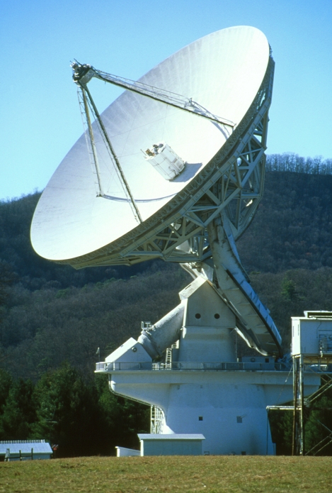 Green Bank radio telescope. Dish antenna of the 43-metre radio telescope at the Green Bank observatory in West Virginia, USA. The surface of the parabolic antenna is covered with a precise reflecting surface of aluminium foil which allows observations at wavelengths of 2 centimetres and above. It is used for observing narrow spectral lines such as those emitted by ionised hydrogen and helium. It has been used for interferometric observations with other American and European telescopes to produce highly-detailed images. This telescope commenced operation in 1965, and is often used by the SETI (Search for Extraterrestrial Intelligence) institute.