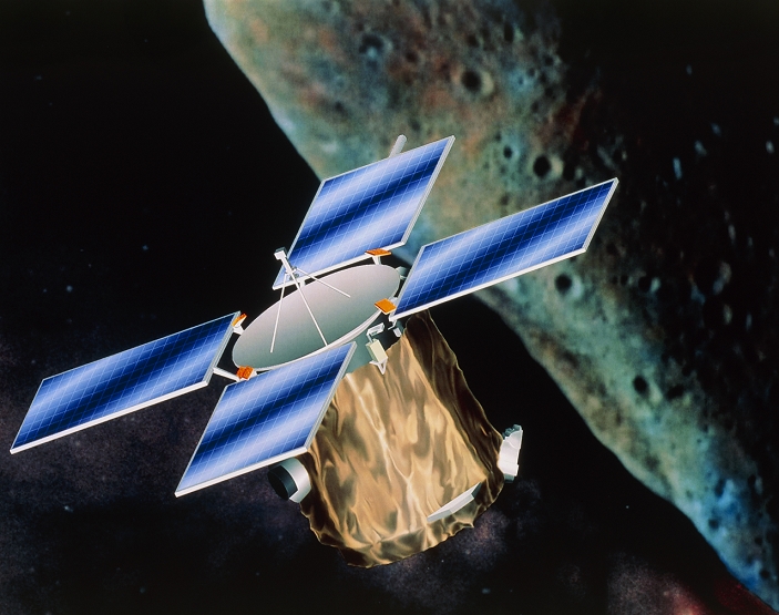 NEAR spacecraft. Artwork depicting the NEAR spacecraft orbiting Asteroid 433 Eros. NEAR (Near- Earth Asteroid Rendezvous) is the first mission in NASA's Discovery programme of small, low-cost spacecraft. Launched in February 1996, NEAR will first fly by asteroid 253 Mathilde (1997) before entering orbit around 433 Eros in 1999. NEAR will conduct a 10-month survey of the asteroid using visible light cameras, infrared and X-ray spectrometers and a laser altimeter. Discovery missions take less than 3 years to develop, and are limited to $150 million for construction, launch and the first 30 days of operation.