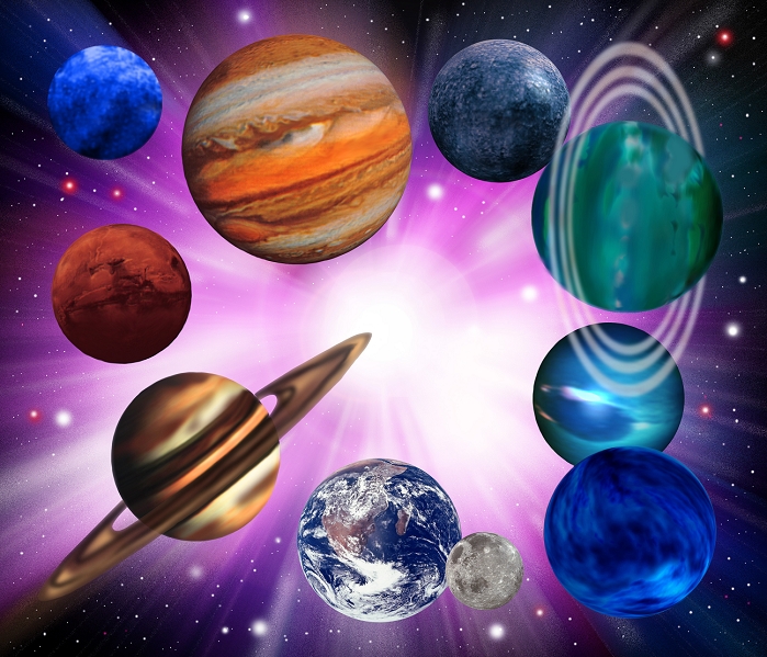 Solar system planets. Computer artwork of the planets of the Solar System on a huge explosion. Clockwise from lower left, the planets are: Saturn, Mars, Pluto (a Dwarf planet), Jupiter, Mercury, Uranus, Neptune, Venus and the Earth with the Moon to its right. This could represent the Big Bang as the source of all the planets. The Big Bang is one theory to explain the formation of the Universe. It is based on the observation that everything in the visible universe is expanding from one point. It is thought that all matter was formed at this instant. The heavy materials which make up planets are thought to have been formed in stars.