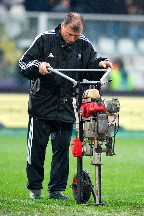 Serie A Machine to make holes in the area and drain the excess water, NOVEMBER 21, 2010   Football : Italian  Serie A  match  between Cesena 1 2 Palermo at Dino Manuzzi Stadium, Cesena, Italy,  Photo by Enrico Calderoni AFLO SPORT   0391 
