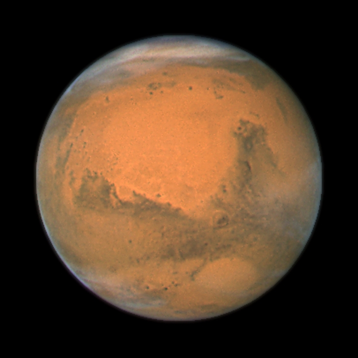 Mars approaching Earth, photographed by the Hubble Telescope  2007  Mars close approach 2007, Hubble Space Telescope  HST  image. Mars is a cold desert world, with an atmosphere of mostly carbon dioxide. It is smaller than the Earth, and orbits the Sun at an average distance of 230 million kilometres. Here, at its closest approach that year, in December 2007, it was 88 million kilometres from Earth. Image data obtained by Hubble s Wide Field and Planetary Camera 2  WFPC2 .
