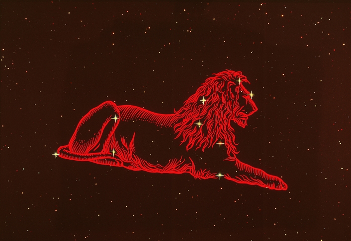 Leo the Lion, fifth of the twelve constellations or signs of the Zodiac. The figure of the lion is superimposed on a photograph in which the constellation stars have been enhanced. The stars form two groups, a triangle forming the lion's haunches & tail, & the famous 'sickle' or reverse question-mark forming the head & mane. Leo's alpha star, Regulus, is at the base of the sickle & seems to be more important in mythology than the lion itself. The Egyptians accorded it power because the annual Nile flood came at the time when the Sun entered Leo. The Sun is in Leo from 23 July to 22 August.