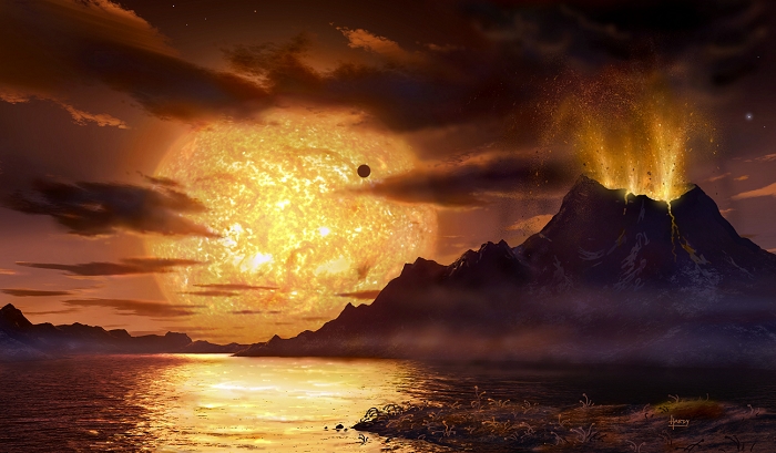 Surface of extrasolar planet Gliese 581c, artwork. An active volcano is at right, and the plant's parent star is seen in the sky. Gliese 581c is the most Earth-like alien planet yet discovered. It is one of three orbiting the red dwarf star Gliese 581 (the others are seen in the sky). Gliese 581c is 1.5 times Earth's diameter and five times its mass, and it lies in the star's habitable zone. This is a region around a star where the surface temperature of a planet is suitable for liquid water. Gliese 581c is fourteen times closer than Earth is to the Sun, but the low heat output of the red dwarf makes its habitable zone much closer to it than the Sun's. Gliese 581 lies about 20.5 light years from Earth in the constellation Libra. The planet's discovery was announced in 2007.