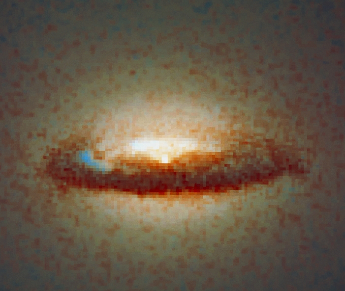 Black hole. Hubble space telescope (HST) optical image of a massive black hole in the centre of the elliptical galaxy NGC 7052. Surrounding the galaxy is a 3,700 light-year (LY) diameter dust disc (brown). The bright spot (white, centre) is light from stars crowded around the black hole due to its powerful gravitational pull. This black hole is about 300 million times the mass of our Sun. The disc rotates 341,000 miles per hour; the dust may come from an ancient galaxy collision. NGC 7052 in the constellation Vulpecula is 191 million LY from Earth. Image by HST Wide Field and Planetary Camera 2; details 50 LY across are seen.