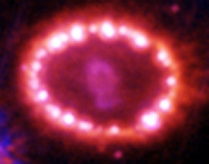 Supernova  SN 1987A   Photo provided by NASA  Supernova remnant 1987A. Hubble Space Telescope  HST  image of the glowing ring of gas that is the remains of supernova 1987A. SN1987A is located in the Large Magellanic Cloud galaxy. It is thought the ring is made up of gases ejected some 20,000 years before the central star ended its life in a supernova explosion in February 1987. The ring was illuminated by light from the explosion, but faded over time. This image shows the ring glowing brightly, as a shock wave travelling from the explosion collides with the ring of gas. This image was taken on 28 November 2003 by the Advanced Camera for Surveys.