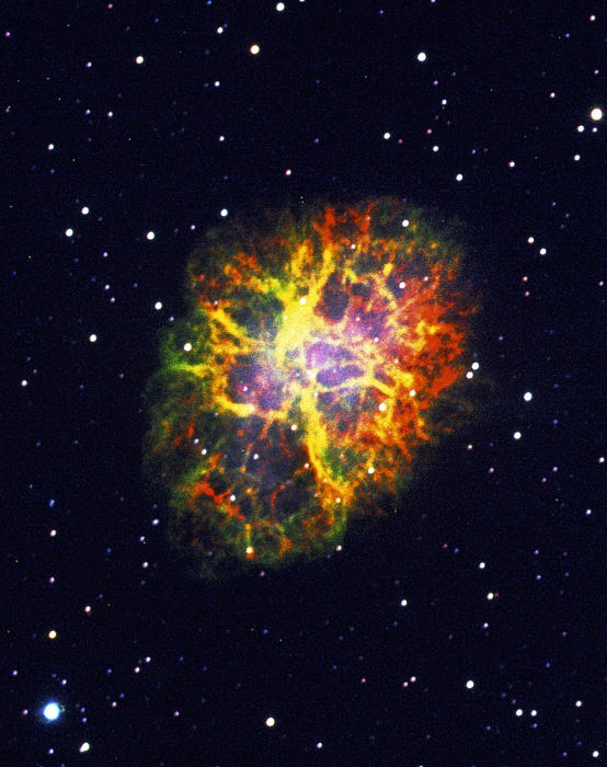 Crab Nebula. Enhanced optical image of the Crab Nebula supernova remnant (M1, NGC 1952). This is the remains of a star which exploded as a super- nova in 1054 AD, an event witnessed by astronomers in China. It lies 6300 light years away in the constellation of Taurus. It is made up of gas ejected during the explosion, and by interstellar gas which has been swept up and ionised by the shock wave, causing it to glow. The Crab Pulsar, at the centre of the nebula (not visible), is the core of the exploded star. This image was produced by a CCD (charge-coupled device) camera, which stores images electronically rather than on film.