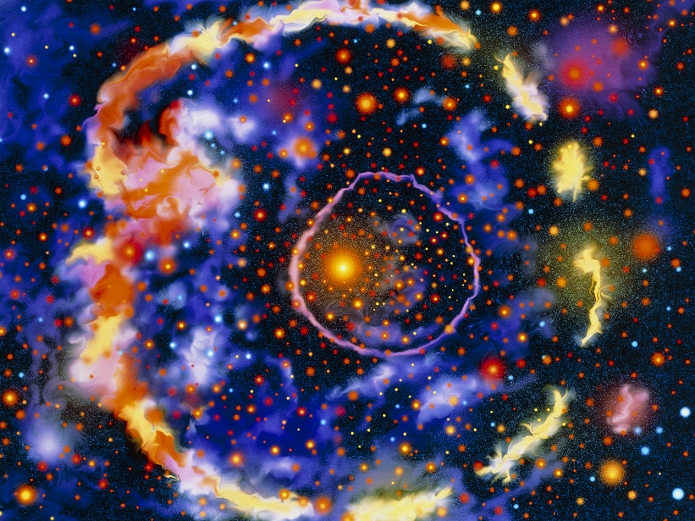 The Milky Way centre. Map of an area 1000 light years across centred on the core of our Milky Way galaxy. The bright source at centre is Sagittarius A, which coincides with the galaxy's core. At its very centre is Sagittarius A*, which probably houses a black hole weighing about 3 million solar masses. The galaxy's centre is surrounded by a ring of gas (pink) whose emission was detected in the radio waveband. The outer ring is formed by molecular clouds (orange), and clouds of neutral hydrogen (yellow) and ionised hydrogen (pink). The Henbest/Baum galaxy map is based on the locations of 1500 bright stars, nebulae and other objects.
