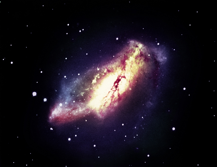 *** THIS PICTURE MAY NOT BE USED TO STATE OR IMPLY  NOAO ENDORSEMENT OF ANY COMPANY OR PRODUCT *** Radio galaxy NGC 2146. Coloured optical image of the active radio galaxy NGC 2146. The nucleus (bright yellow) of this barred spiral galaxy is a strong emitter of radio waves. A sizable part of the central nucleus is active. It lies in the constellation Camelopardalis, The Giraffe. This image was taken by the 4-metre telescope at the Kitt Peak National Observatory, USA.