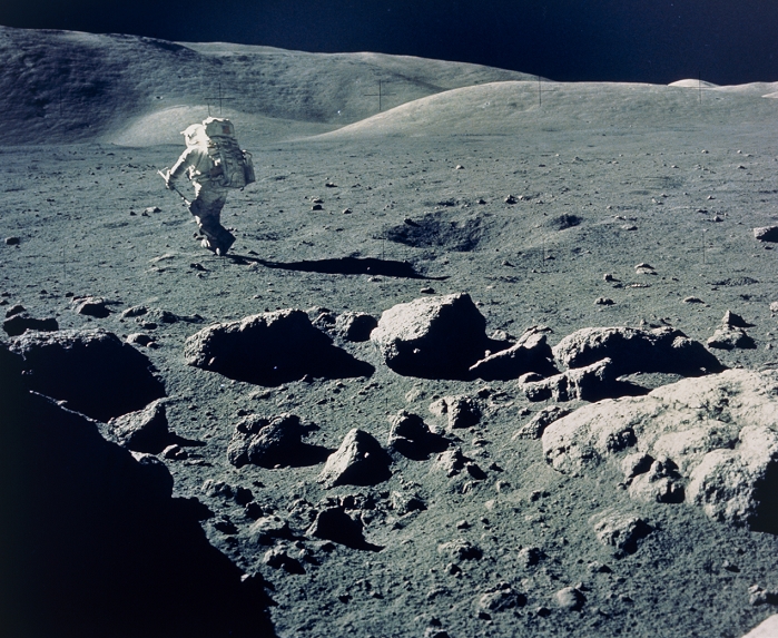 Apollo 17 Lunar Landing  December 1972  NOT FOR COMMERCIAL USE.  Lunar exploration: Astronaut Harrison Schmitt bounds across the boulder covered surface of the Moon in the Taurus  Littrow region during the Apollo 17 mission. Apollo 17 landed on the Moon on 11 December 1972. The site, to the east of the Sea of Serenity, was chosen for its expected geological diversity   containing rocks of many types and ages. Astronaut Eugene Cernan was accompanied Schmitt on this mission  Schmitt is the only professional geologist to have visited the Moon. During their 75 hour stay on the Moon, Schmitt and Cernan made three excursions in the Lunar Roving Vehicle  LRV  and collected 110kg of Moon rocks.