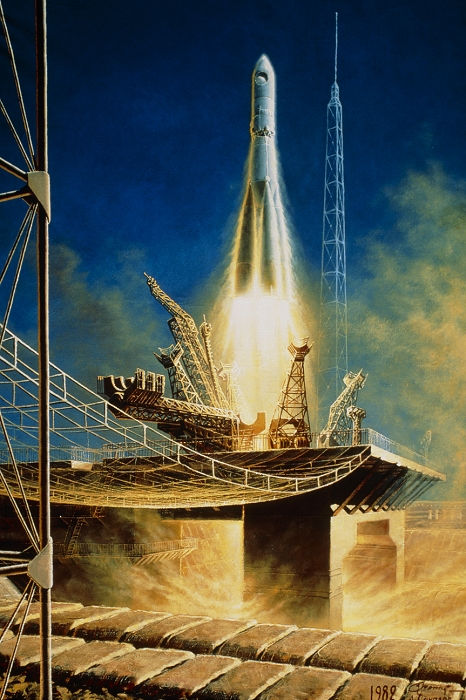 Painting depicting the launch of Vostock 1, the first manned spaceflight. Vostock 1 was launched at 06:07 GMT on 12 April 1961 from Baikonur Cosmodrome, Kazakhstan, carrying Yuri Gagarin. The flight lasted for just one orbit, ending 108 minutes after take-off. Although it was originally claimed that Gagarin stayed with the craft until touch-down, it is now known that he ejected at an altitude of 7km, like all subsequent Vostock cosmonauts. The controls of Vostock 1 were intentionally locked, so Gagarin was no more than a passenger. This painting was made by artist Andrei Sokolov and cosmonaut Alexei Leonov.