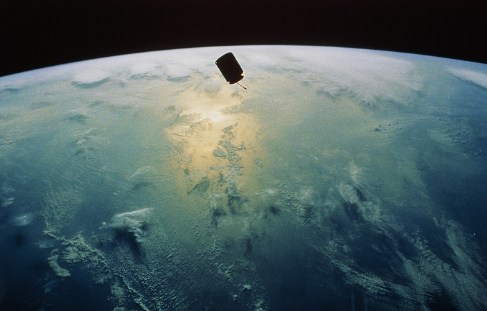 The INTELSAT VI (F3) communications satellite as seen from the Space Shuttle Endeavour on mission STS-49. The satellite was originally launched on March 14th 1990 by a Titan rocket but due to a failure it was not raised to its geosyncronous orbit. The main goal of mission STS-49 (7-16 May 1992), the first of Shuttle Endeavour, was to capture the satellite and bring it into the cargo bay where a new perigee kick motor was installed. INTELSAT VI (F3) is designed for a variety of voice, video and data communications with 48 combined transmitter and receiver systems. It has an expected operational lifetime of ten years.