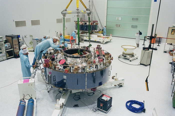 . Cluster II satellite being prepared for launch in Starsem's Payload Processing Facility at Baikonur Cosmodrome, Kazakhstan, in May 2000. The four Cluster II satellites, designed to study Earth's magnetic field interacting with the solar wind, were launched into Earth orbit with Soyuz rockets during 2000. Each satellite, weighing 1.2 tonnes, carries 11 scientific experiments. Cluster II is a European Space Agency (ESA) project. Starsem is a French-Russian consortium that provides commercial launch services. MODEL RELEASED