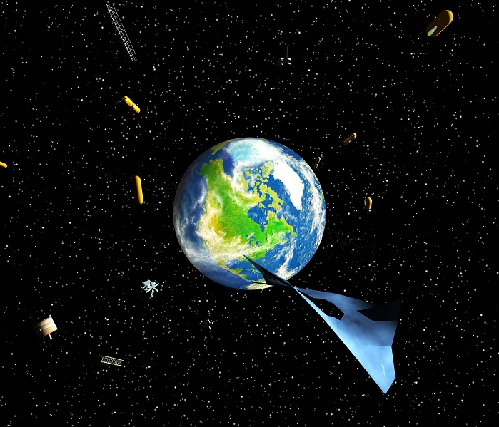 Space Trash  Image  Space junk. Computer artwork showing the Earth and scattered debris in orbit around it. Some 22,000 man made objects of different sizes and shapes are in orbit around the Earth. Only a small fraction represent satellites which are presently in operation  the remainder are made up of used rocket bodies, dead payloads, operational debris  such as optics covers and payload attachment hardware  and the consequence of years of payload, rocket and satellite fragmentation. This space junk is a hazard for future space missions due to the increasing probability of it impacting on newly launched satellites or spacecrafts.