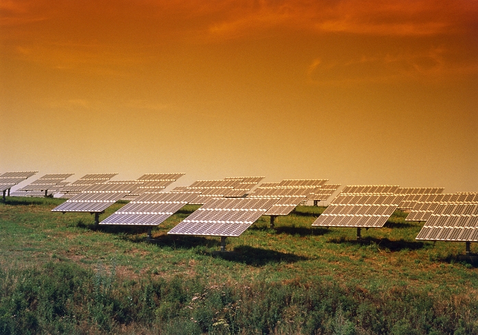 Filtered photograph of part of one of the arrays of solar (photovoltaic) cells at the experimental power station at Kobern-Gondorf, near Koblenz, Germany. The station is operated by Rheinish- Westfalisches Elektrizitatswerk (RWE) as part of a feasibility study on the potential for solar power in Central Europe. In October 1988, twelve months after construction had commenced, the station was operating with a peak power output of 340 kW. Some 10 different designs of solar cell are used; power is fed directly into the local grid. Located above vineyards on the Moselle, the site was chosen for its altitude (no fog), relief, & for ease of connection to the local grid.