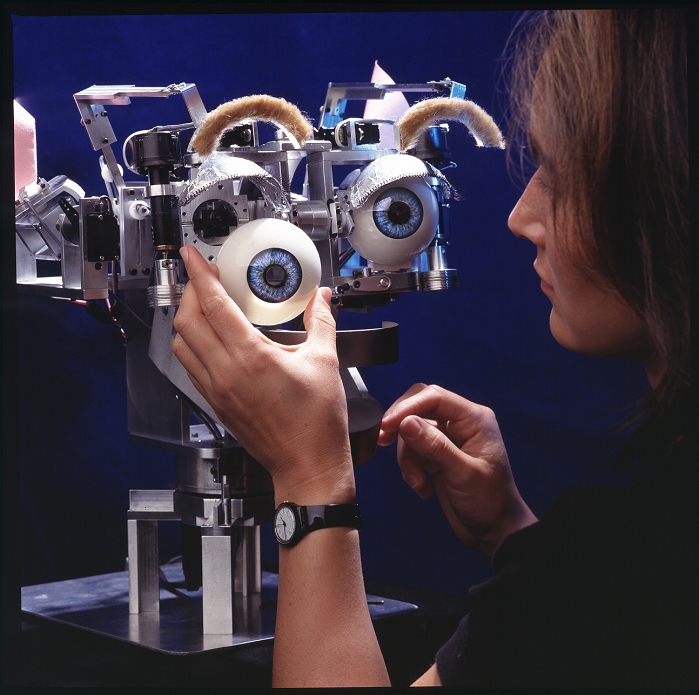 . Kismet robot. Researcher Cynthia Breazeal removing an eye from the robot Kismet. Kismet is a robot that responds with facial expressions to its surroundings. It has been developed for the study of action recognition and learning, particularly in children. Kismet has several 'moods', which it displays as express- ions on its face. It responds to visual stimuli like a baby. When there are no stimuli, it shows a sad expression. When paid attention to, it looks interested. Like a child, Kismet responds best to bright colours and moderate movements. Photographed at the Massachusetts Institute of Technology (MIT), USA. MODEL RELEASED