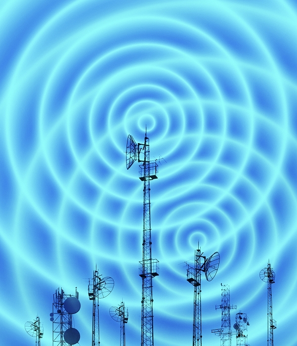 Radio masts, conceptual computer artwork. The concentric rings represent the radio waves or microwaves being transmitted by the masts.