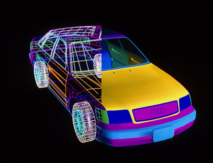 Computer aided design. Image made by a computer aided design (CAD) package of an Audi 100 car, shown as a wire frame drawing on the left and a volume drawing on the right. The surface of the vehicle is described as a set of interlocking polygons, which on the volume drawing are filled in. CAD is an increasingly powerful tool in the design of many common products, as design changes may be quickly incorporated into the model. Pre- computer age techniques involved the labour- intensive carving of wooden mock-ups of designs from paper technical drawings. CAD packages may be integrated with production machinery in computer aided manufacture (or CAD/CAM) systems.