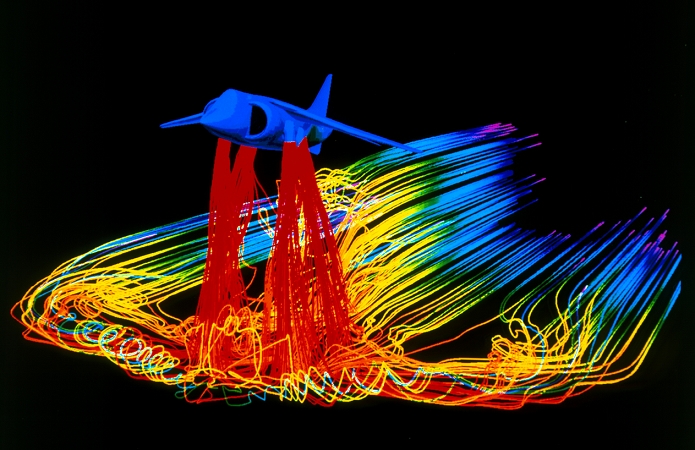 Harrier aircraft flight simulation. Supercomputer image of a Harrier aircraft hovering over a runway in a virtual wind tunnel. The lines beneath the aircraft show the air flow from the aircraft's engine. The lines' colours show the air's tempera- ture gradient, from red (highest), through orange, yellow, green, & blue, to purple (lowest). The Harrier is a Vertical Take-Off and Landing (VTOL) fighter aircraft which directs air from its Rolls- Royce Pegasus engine through 4 swivelling nozzles along the side of its fuselage. The nozzles point downwards for take-off, before rotating backwards to accelerate the aircraft into wing-borne flight.