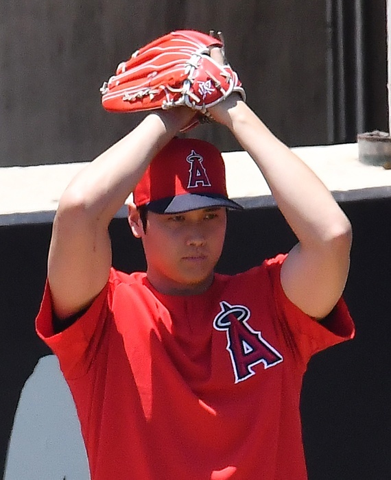 2019 MLB Otani s first bullpen since surgery Shohei Ohtani of the Angels takes pitching practice in the bullpen for the first time since his surgery. The scar from the surgery remains painfully visible on his right elbow on June 26, 2019, at Angel Stadium in Anaheim, California, USA  photo date 20190626  photo location Anaheim, California, USA