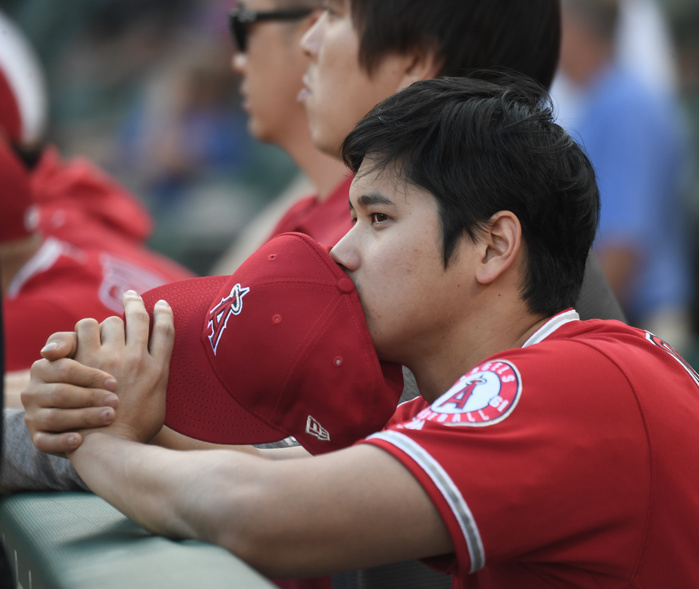 Shohei Ohtani Shohei Ohtani of the Los Angeles Angels is seen before the Major League Baseball game against the Texas Rangers in Arlington, Texas, United States on July Shohei Ohtani of the Los Angeles Angels is seen before the Major League Baseball game against the Texas Rangers in Arlington, Texas, United States on July 2, 2019. Photo by AFLO  Shohei Ohtani has a somber expression on his face before the game.