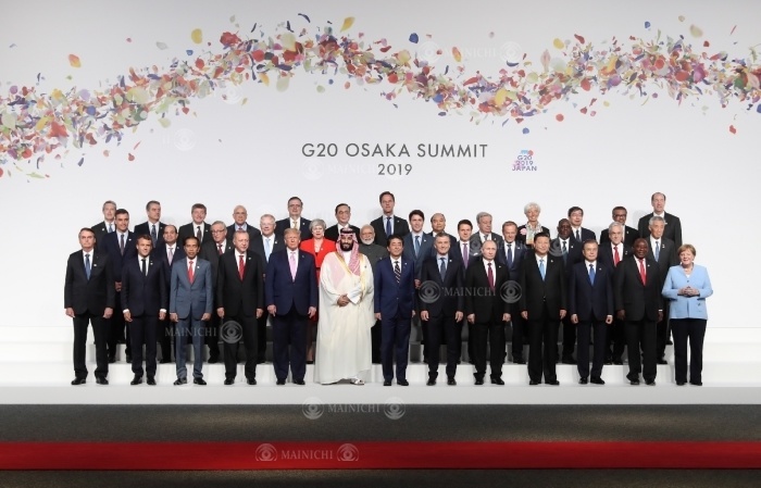 G20 Osaka Summit Leaders in a group photo Leaders of countries pose for a group photo at 0:07 p.m. on June 28, 2019 in Suminoe Ward, Osaka, Japan  representative photo .