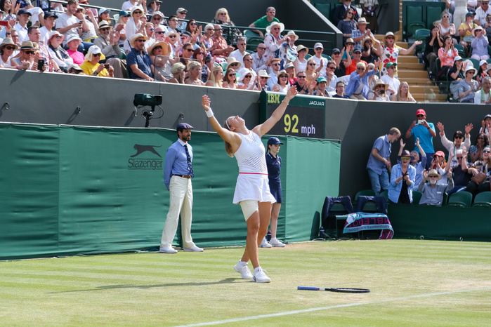 The Championships   Wimbledon 2019  Karolina Muchova of the Czech Republic celebrates as she wins the women s singles fourth round match of the Wimbledon Lawn Tennis Championships against Karolina Pliskova of the Czech Republic at the All England Lawn Tennis and Croquet Club in London, England on July 8, 2019.  Photo by AFLO  