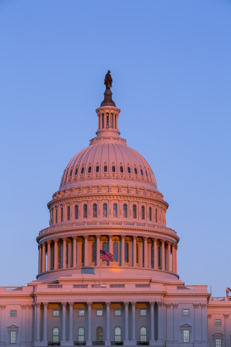 United States Capitol Building glowing pink at sunset; Washington D.C., United States of America, Photo by Richard Maschmeyer