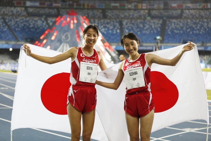 30th Summer Universiade 2019 Napoli Silver medalist Japan s Rino Goshima  R  and bronze medalist Natsuki Sekiya celebrate after the 30th Summer Universiade Napoli 2019 Athletics Women s 10000m Final at Stadio San Paolo in Naples, Italy, July 8, 2019.  Photo by AFLO SPORT 
