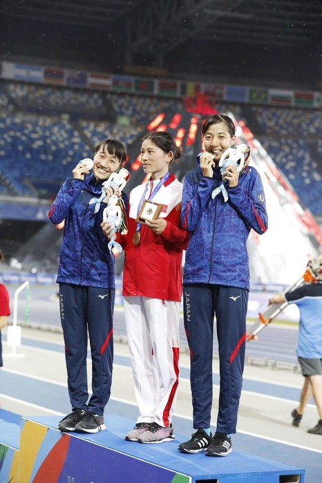 30th Summer Universiade 2019 Napoli Gold medalist China s Zhang Deshun  C , silver medalist Japan s Rino Goshima  L  and bronze medalist Japan s Natsuki Sekiya pose with their medals during the 30th Summer Universiade Napoli 2019 Athletics Women s 10000m medal ceremony at Stadio San Paolo in Naples, Italy, July 8, 2019.  Photo by AFLO SPORT 