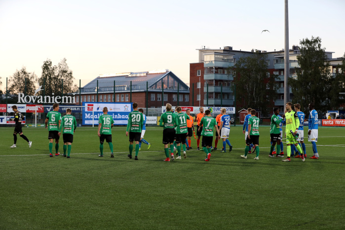 White Night Football match Players shaking hands at the end of the match after midnight during the Finnish League  Veikkausliiga  match between RoPS Rovaniemi 0 0 KPV Kokkola at Rovaniemen keskuskentta in Rovaniemi, Finland, June 29, 2019. This match was kicked off at 22:15, with natural light.  Photo by Juha Tamminen AFLO 