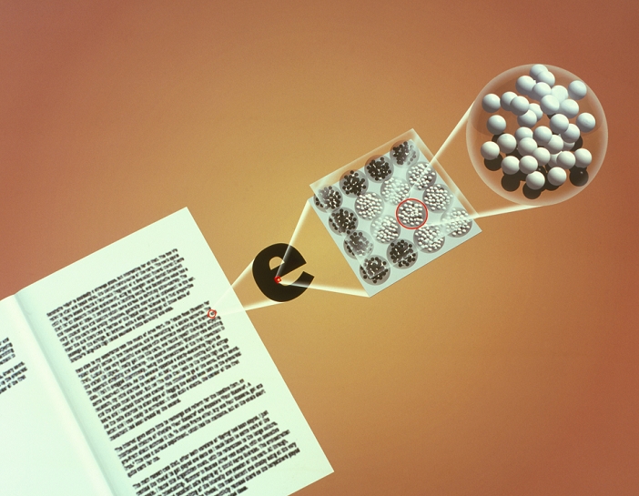 Electronic ink. Computer illustration of the structure of electronic ink. Paper coated in this ink, such as the book at lower left, can have text downloaded onto it electronically. The digital nature of the ink allows the text to be changed so the book can hold many titles. The ink consists of tiny transparent spheres (microcapsules) contain- ing microscopic white and black balls. The grid of microcapsules at upper right (one microcapsule is seen further magnified at top right) forms part of the letter e (centre). Depending on the electric current applied to each microcapsule, one type of ball rises while the other sinks, forming letters. E-ink was created by Joseph Jacobson at MIT, USA.