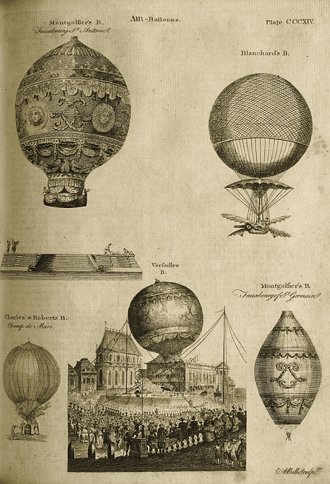 Montgolfier Brothers  1784  Hot air balloons. 1784 engraving of early hot air balloons. The first flight by a hot air balloon took place in France in June 1783. The balloon, built by brothers Joseph and Etienne Montgolfier, was made of paper covered cloth and was lifted by hot air from an on board stove burning wool and straw. In September the brothers demonstrated their invention to the King in Versailles. This time the balloon carried the first air passengers: a sheep, a duck and a cock. The first human flight was on 21 November 1783. The two passengers, friends of the Montgolfiers, ascended before a crowd of three hundred thousand and flew for about 25 minutes over the centre of Paris, covering 9km.