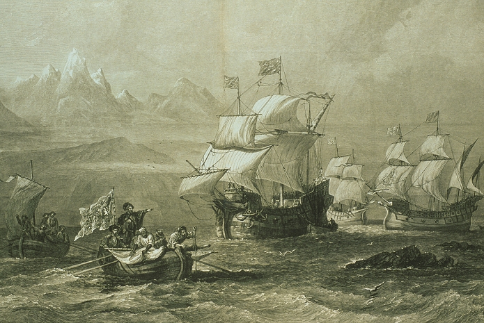 Magellan's expedition. Engraving of the discovery of the Strait of Magellan by Ferdinand Magellan in 1520 during his pioneering voyage around the world. Magellan (1480-1521), a Portuguese navigator, can be seen standing in the small boat at lower left. The strait is a channel of water between the Atlantic and Pacific Oceans, separating the southern tip of the South American mainland and the island of Tierra del Fuego. Magellan's expedition was intended to find a route that went west from Europe to South-East Asia. It was the first voyage to circumnavigate the world, though Magellan died during the journey. Image taken from an 1873 book.