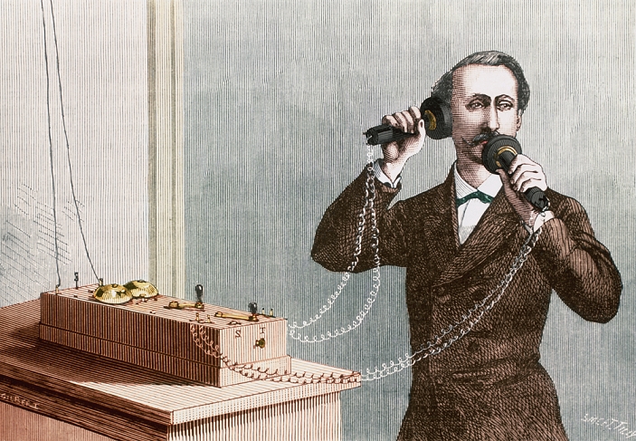 Inventions of the World Alexander. Graham Bell  Date unknown  Bell telephone. Historical artwork of a man using a Bell telephone. In this original telephone system, the speaker and receiver were identical. The speaker consisted of a diaphragm which converted sound waves into an oscillating electric current. The receiver converted the current back into sound waves. This telephone was invented by Alexander Graham Bell  1847 1922  who filed the patent in 1876. However, his priority as absolute inventor was questioned by Elisha Gray of Western Electric who similarly filed a patent on the same day, 14th February. After long litigation, Bell won  the most valuable patent ever issued in the US .