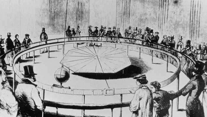 Foucault's Pendulum. Illustration depicting the demonstration of Foucault's Pendulum at the Pantheon, Paris, in 1852. Jean Foucault (1819-68) noticed that a large free-mounted pendulum will continue to swing in the same plane irrespective of the rotation of its mounting. In order to test this hypothesis, Foucault fitted a 28- kilogramme iron ball to the end of a 67-metre steel wire, suspended from the dome of the Pantheon. Once in motion, the pendulum did apparently change its plane of oscillation with time, but it was the Earth which was moving under the pendulum.