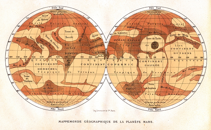 Map of Mars, published in Paris in 1881. The first accurate telescope observations of Mars were made in 1877 and 1881 when Mars was at its closest to Earth (a situation called an opposition). The map (north at bottom) does show the dark and light areas thought to be seas and continents, but now known to be highlands (dark) and lowlands (light). The map features are named for famous astronomers. The Mer Sciaparelli (upper right) is now known as Valles Marineris, and Terre de Secchi (upper left) is an impact basin now named Hellas Planitia.