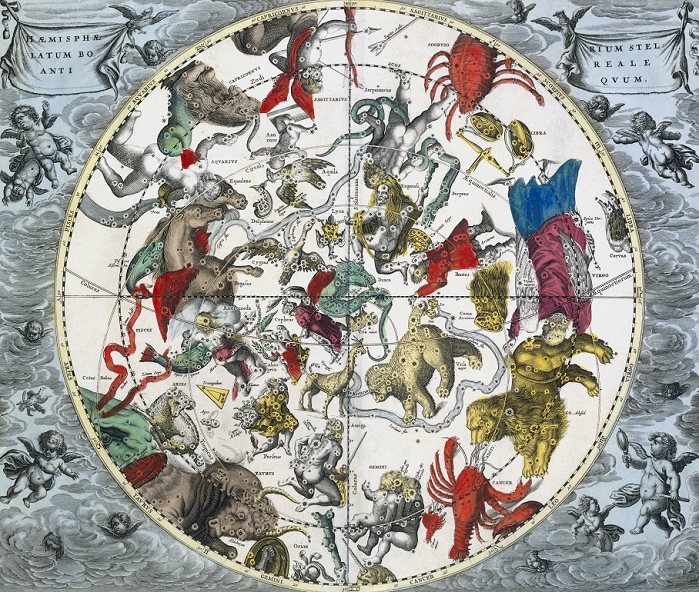 Northern constellations. The constellations are represented by artworks of the mythical people and creatures for whom they are named. This celestial map is from the 1708 edition of Harmonica Macrocosmica, a star atlas by the Dutch-German mathematician and cosmographer Andreas Cellarius (1596-1665). The map is centred on the northern zodiacal (ecliptic) pole, rather than the northern celestial pole (offset below centre). The zodiacal plane itself is the first circle in from the rim. Cherubs adorn the artwork's border. Harmonica Macrocosmica was first published in 1660. There were originally 30 colour plates with Latin text. This edition was published in Amsterdam by Petrus Schenk (1660-1711) and Gerard Valk (1652-1726).