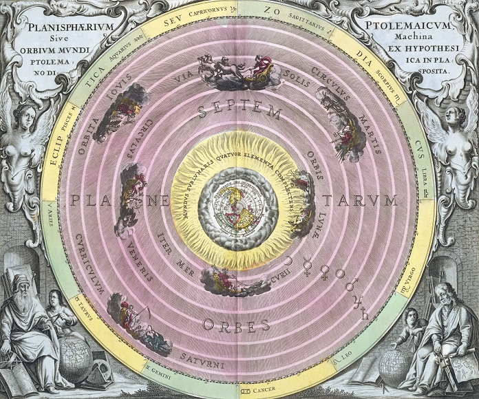 Ptolemaic cosmology. This artwork is from the 1708 edition of Harmonica Macrocosmica, a star atlas by the Dutch-German mathematician and cosmographer Andreas Cellarius (1596-1665). The artwork shows the geocentric worldview (one centred on the Earth) held by the 2nd-century Greek philosopher Ptolemy (lower right). Surrounding the Earth are spheres for the Moon, Mercury, Venus, the Sun, Mars, Jupiter and Saturn (all riding chariots). The zodiacal signs are on the rim of the circle. Astronomers and muses adorn the artwork's border. Harmonica Macrocosmica, first published in 1660, had 30 colour plates with accompanying Latin text. This edition was published in Amsterdam by Petrus Schenk (1660-1711) and Gerard Valk (1652-1726).