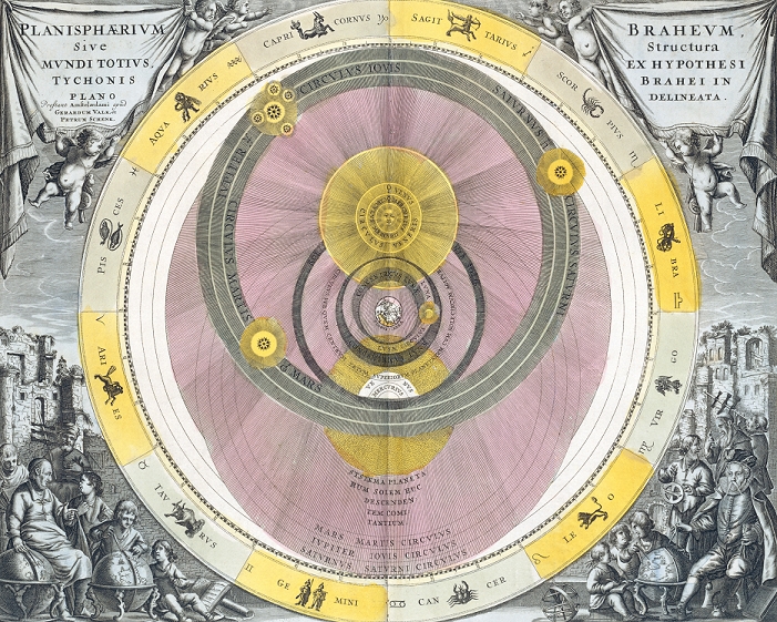 Tychonic cosmology. This artwork is from the 1708 edition of Harmonica Macrocosmica, a star atlas by the Dutch-German mathematician and cosmographer Andreas Cellarius (1596-1665). The artwork shows the geocentric worldview (one centred on the Earth) held by the Danish astronomer Tycho Brahe (1546-1601, lower right). The five known planets orbit the Sun (upper centre), and the Moon and Sun orbit the Earth (centre). Zodiacal signs are on the circle's rim, and astronomers and cherubs are in the artwork's border. Harmonica Macrocosmica, first published in 1660, had 30 colour plates with Latin text. This edition was published in Amsterdam by Petrus Schenk (1660-1711) and Gerard Valk (1652-1726).