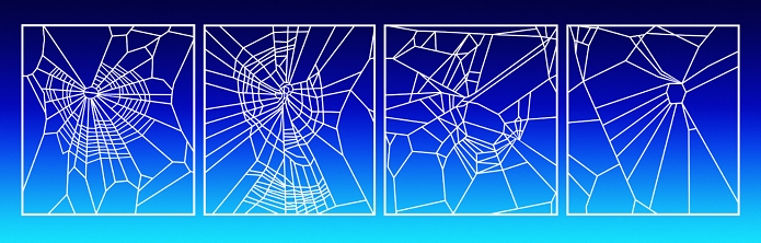 Effect of drugs on spiders. Computer artwork showing the effect of four drugs on the web construction of the garden spider (Araneus diadematus). Flies dosed with drugs (from left to right: marijuana, benzedrine, caffeine and chloral hydrate) were fed to garden spiders and their web construction monitored. Normal orb webs consists of radiating non-sticky thread and a sticky, spiral elastic hub (see Z430/524). Spiders affected by the stimulants benzedrine and caffeine produce erratic, misshapen webs, whereas spiders fed the marijuana and the sedative chloral hydrate failed to complete their webs. Published in NASA Tech Briefs, April 1995.
