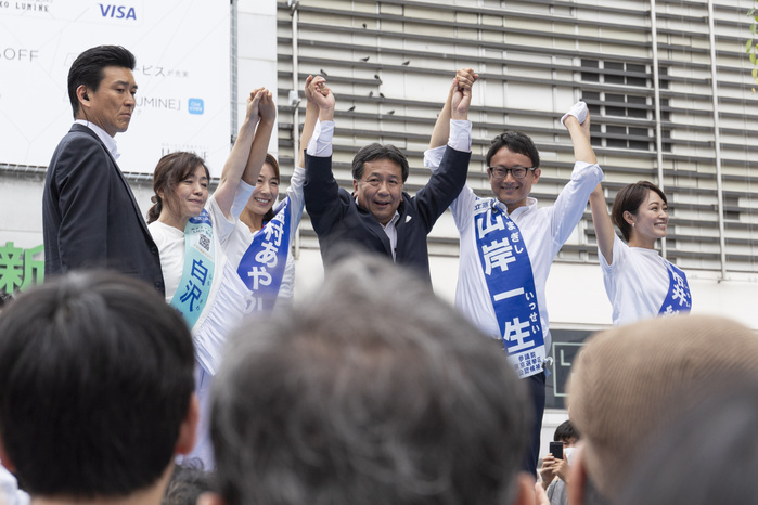 Opposition CDP party leader Yukio Edano campaigns for Japan s House of Councillors election July 15, 2019, Tokyo, Japan   Yukio Edano  C  leader of the Constitutional Democratic Party of Japan  CDP  and candidates Ayaka Shiomura  C R , Issei Yamagishi  C L  and Sayaka Ichii  L , raise their hands during a campaign event outside Shinjuku Station. Edano showed support for the party fellow candidates for the July 21 House of Councillors election.  Photo by Rodrigo Reyes Marin AFLO 