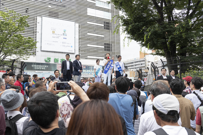 Opposition CDP party leader Yukio Edano campaigns for Japan s House of Councillors election July 15, 2019, Tokyo, Japan   Main opposition Constitutional Democratic Party of Japan  CDP  candidate Ayaka Shiomura delivers a street speech outside Shinjuku Station. Yukio Edano leader of the Constitutional Democratic Party of Japan  CDP  showed support for the party fellow candidates for the July 21 House of Councillors election.  Photo by Rodrigo Reyes Marin AFLO 