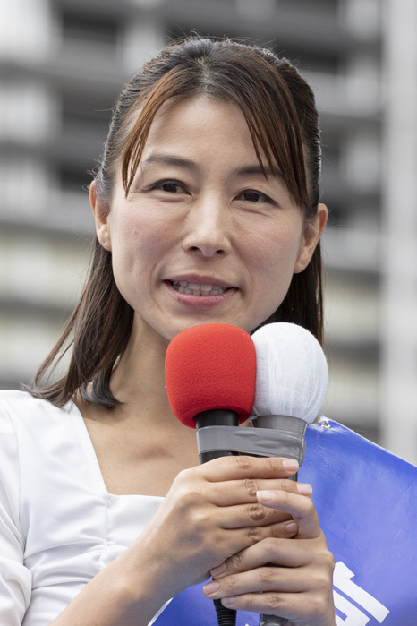 Opposition CDP party leader Yukio Edano campaigns for Japan s House of Councillors election July 15, 2019, Tokyo, Japan   Main opposition Constitutional Democratic Party of Japan  CDP  candidate Ayaka Shiomura delivers a street speech outside Shinjuku Station. Yukio Edano leader of the Constitutional Democratic Party of Japan  CDP  showed support for the party fellow candidates for the July 21 House of Councillors election.  Photo by Rodrigo Reyes Marin AFLO 