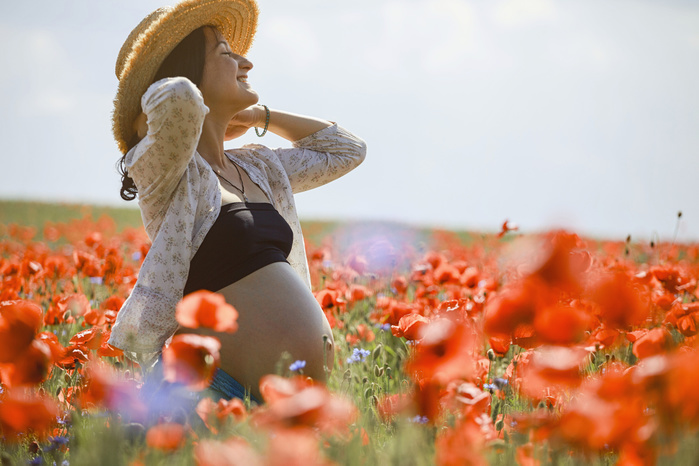 female Carefree pregnant woman in sunny, idyllic rural red poppy field