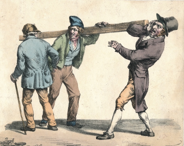 Clumsy man carrying a length of wood, 19th century. Creator: Unknown. Clumsy man carrying a length of wood, 19th century. Labourer greeting a passerby, and not noticing that he has hit someone else in the face.