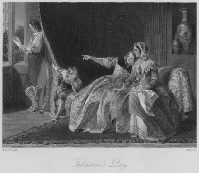  Valentine s Day , mid 19th century. Creator: J Brain.  Valentine s Day , mid 19th century. A young man is revealed behind a curtain, reading a letter, while his sisters giggle and point. 